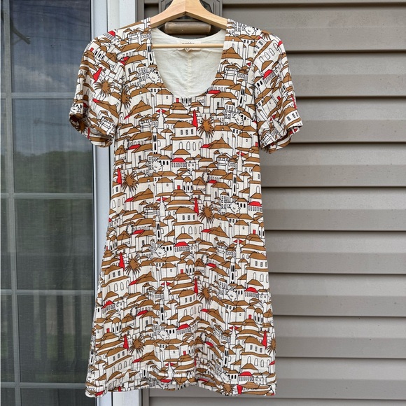 Anthropologie Porridge Short-Sleeve Crew-Neck Linen Printed Mini Dress - Picture 2 of 7